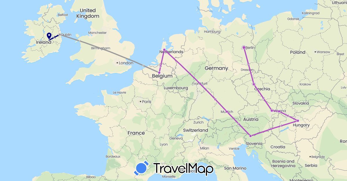 TravelMap itinerary: driving, plane, train in Austria, Belgium, Czech Republic, Germany, Hungary, Ireland, Netherlands, Slovenia, Slovakia (Europe)